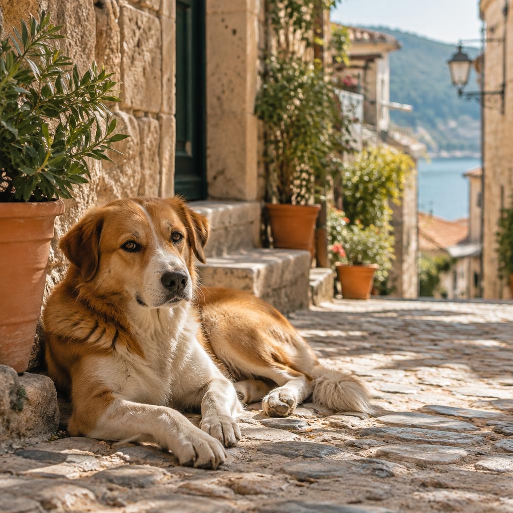 Stray dog resting on cobblestones