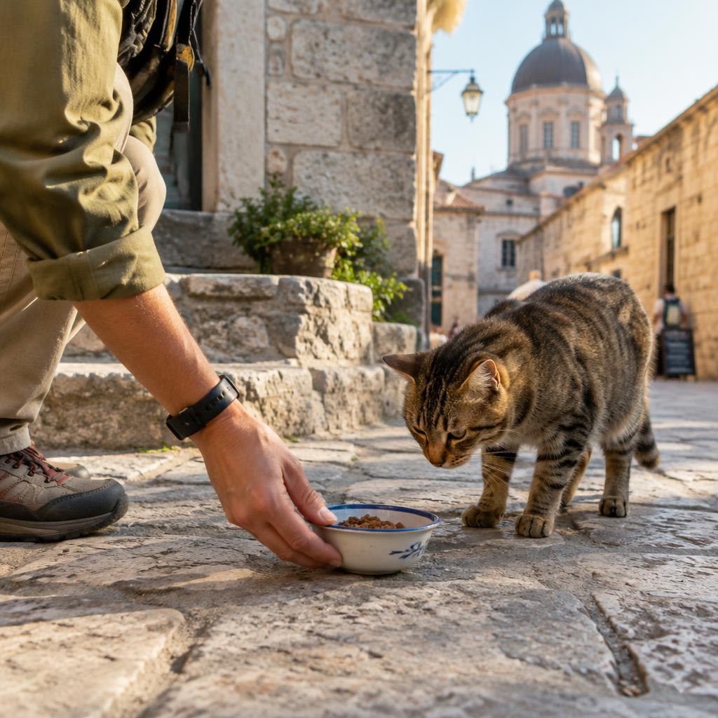 Traveler feeding a tabby cat