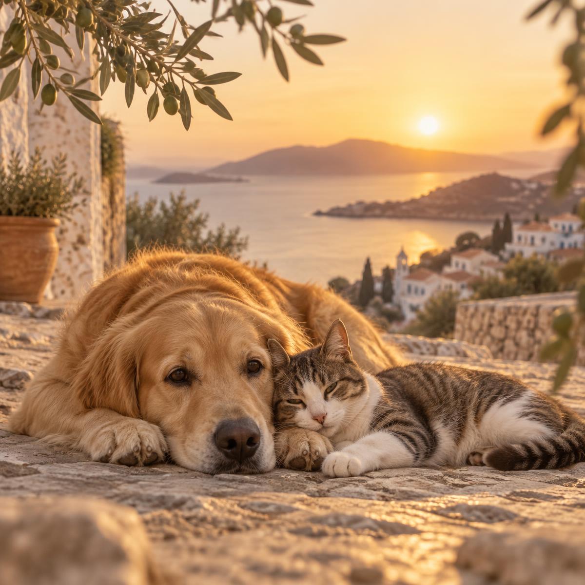 A golden dog and a tabby cat cuddling on Mediterranean stone at sunset